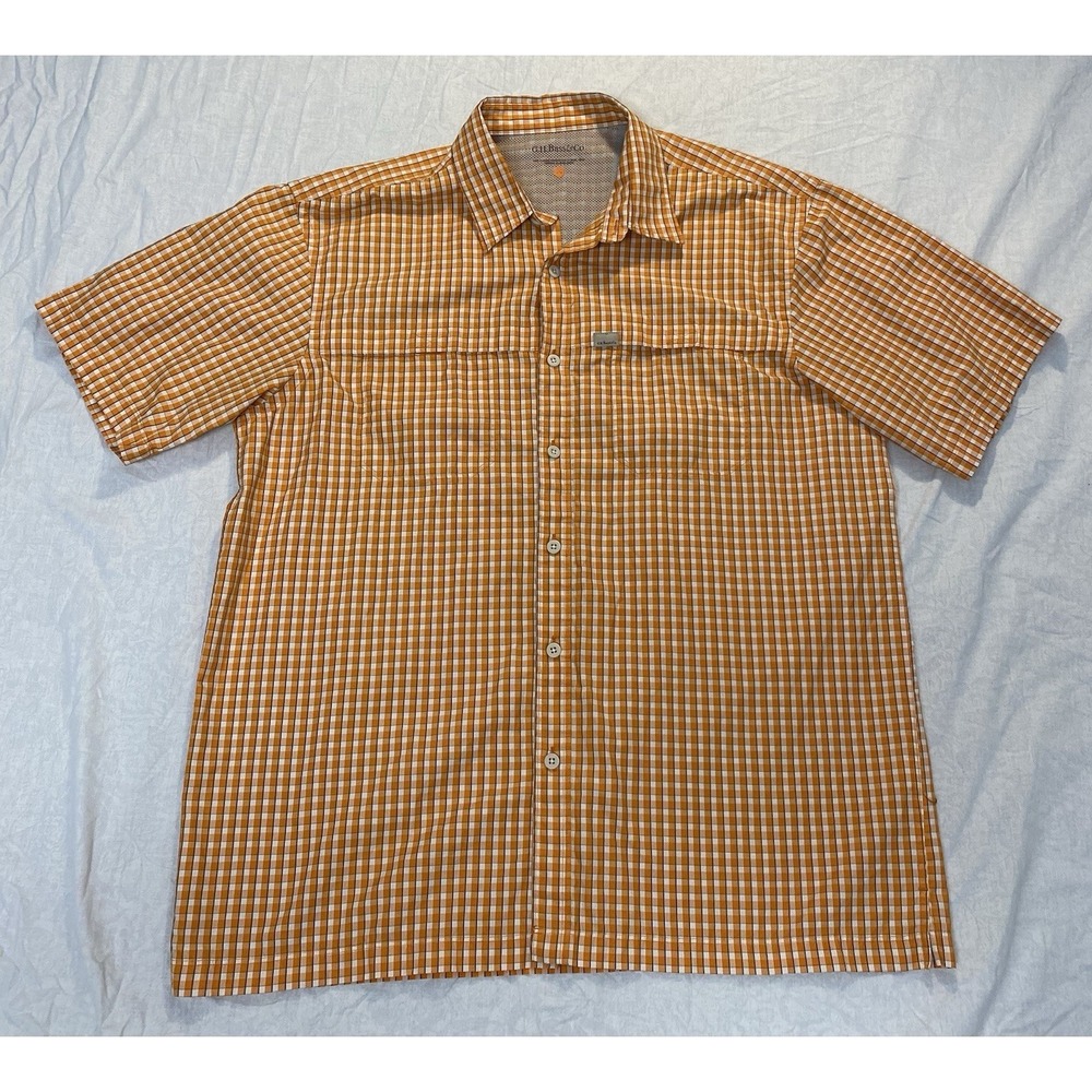G.H. Bass & Co Orange Plaid Fishing Shirt Mens L Short Sleeve Vented Outdoor